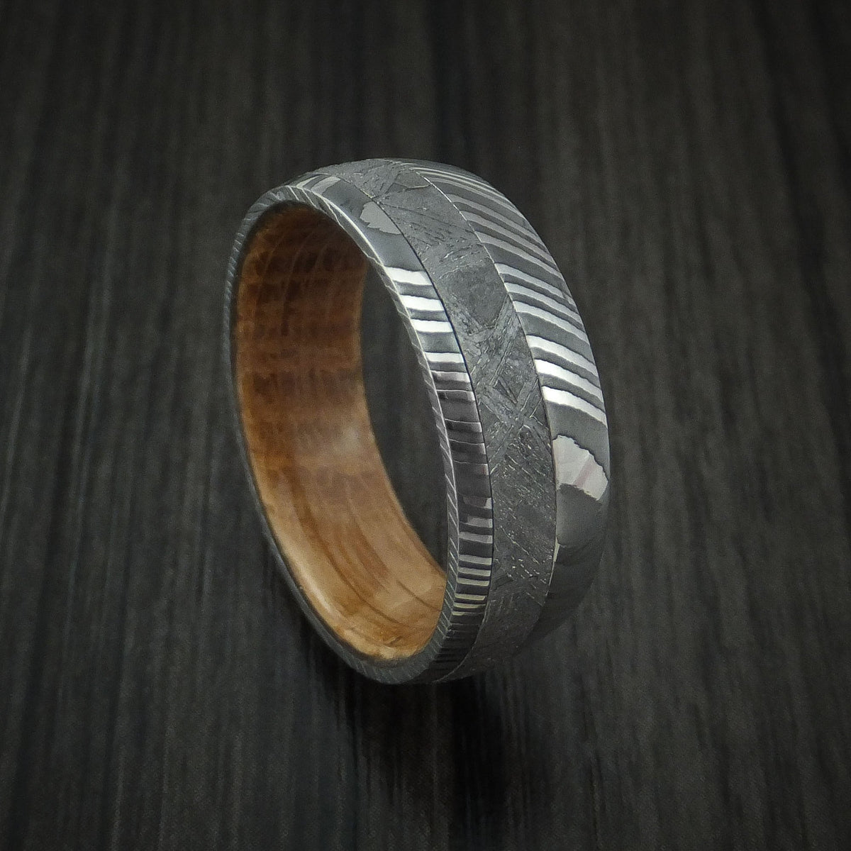 Crest X - Damascus Steel and Gibeon Meteorite Men's Wedding Ring with Hardwood Sleeve Men's Band - Nura Lab