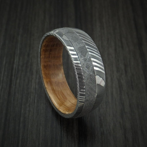 Crest X - Damascus Steel and Gibeon Meteorite Men's Wedding Ring with Hardwood Sleeve Men's Band - Nura Lab