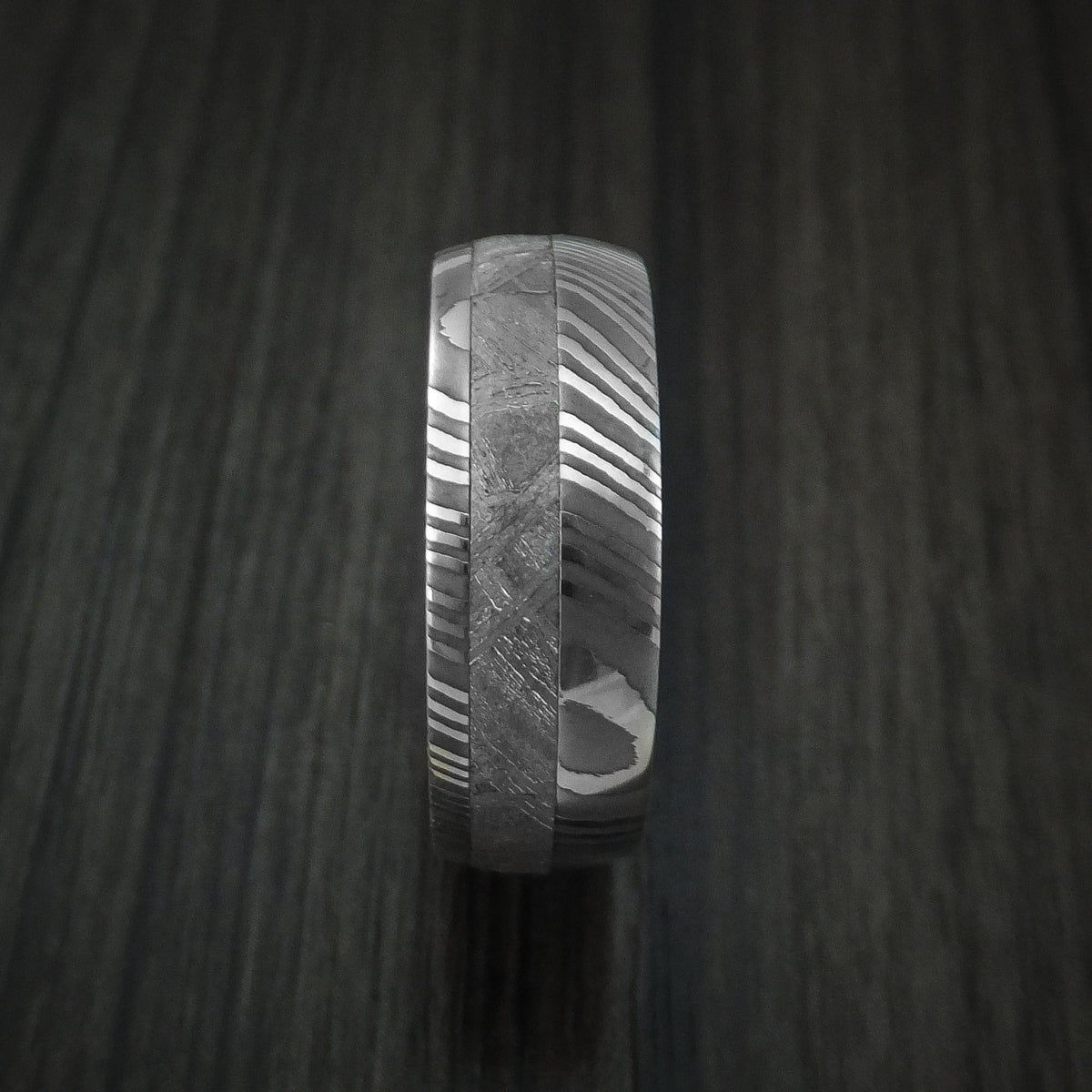 Crest X - Damascus Steel and Gibeon Meteorite Men's Wedding Ring with Hardwood Sleeve Men's Band - view 3 - Nura Lab