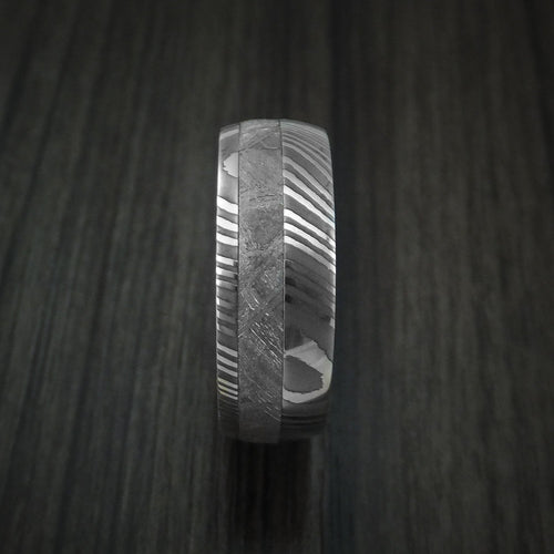Crest X - Damascus Steel and Gibeon Meteorite Men's Wedding Ring with Hardwood Sleeve Men's Band - view 3 - Nura Lab