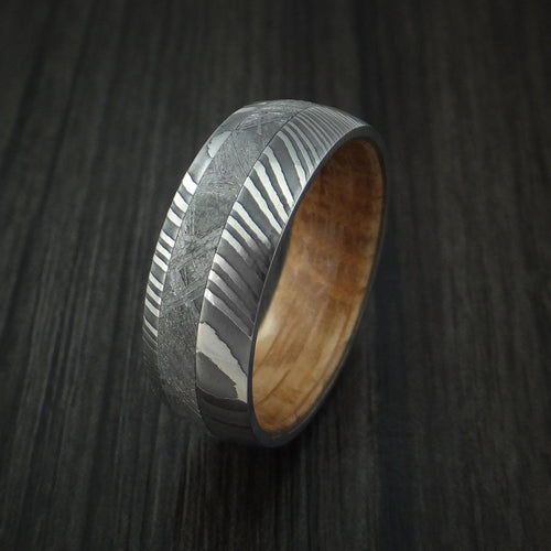 Crest X - Damascus Steel and Gibeon Meteorite Men's Wedding Ring with Hardwood Sleeve Men's Band - view 4 - Nura Lab