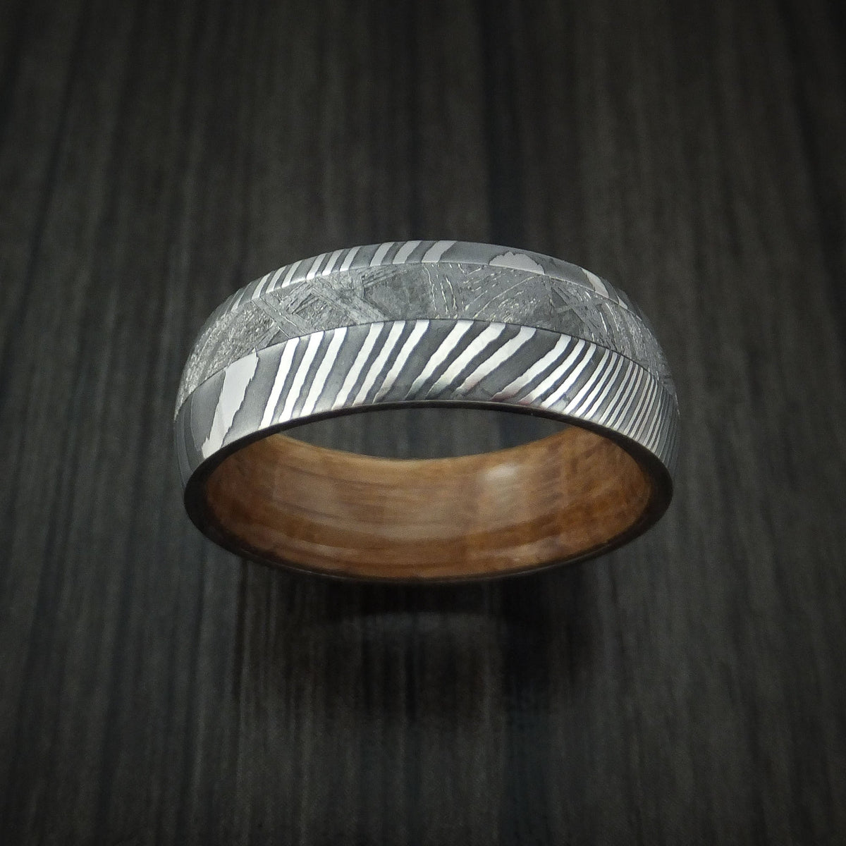 Crest X - Damascus Steel and Gibeon Meteorite Men's Wedding Ring with Hardwood Sleeve Men's Band - view 2 - Nura Lab