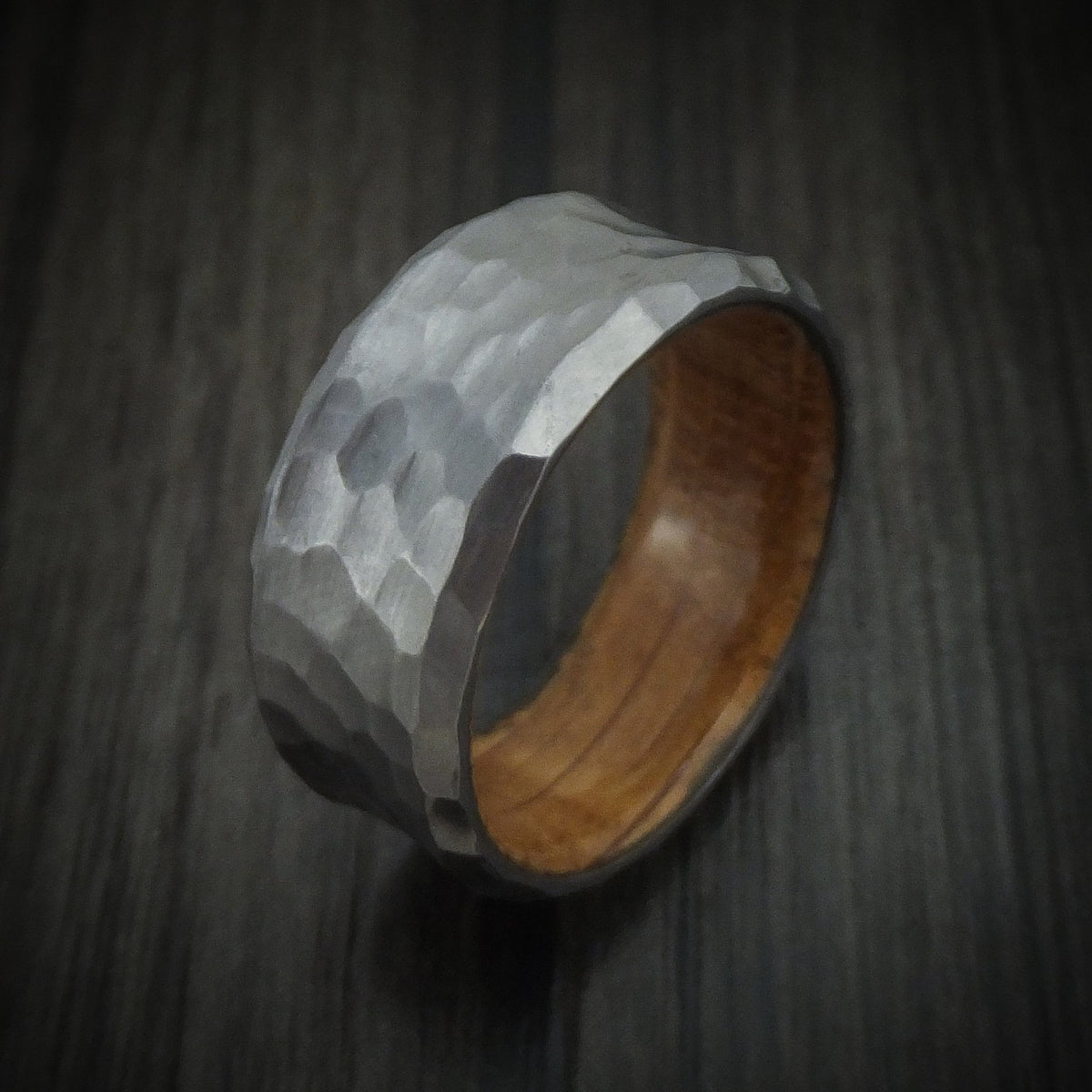 Maverick XII - Hammered Tantalum Concave Men's Wedding Ring with Wood Sleeve - view 4 - Nura Lab