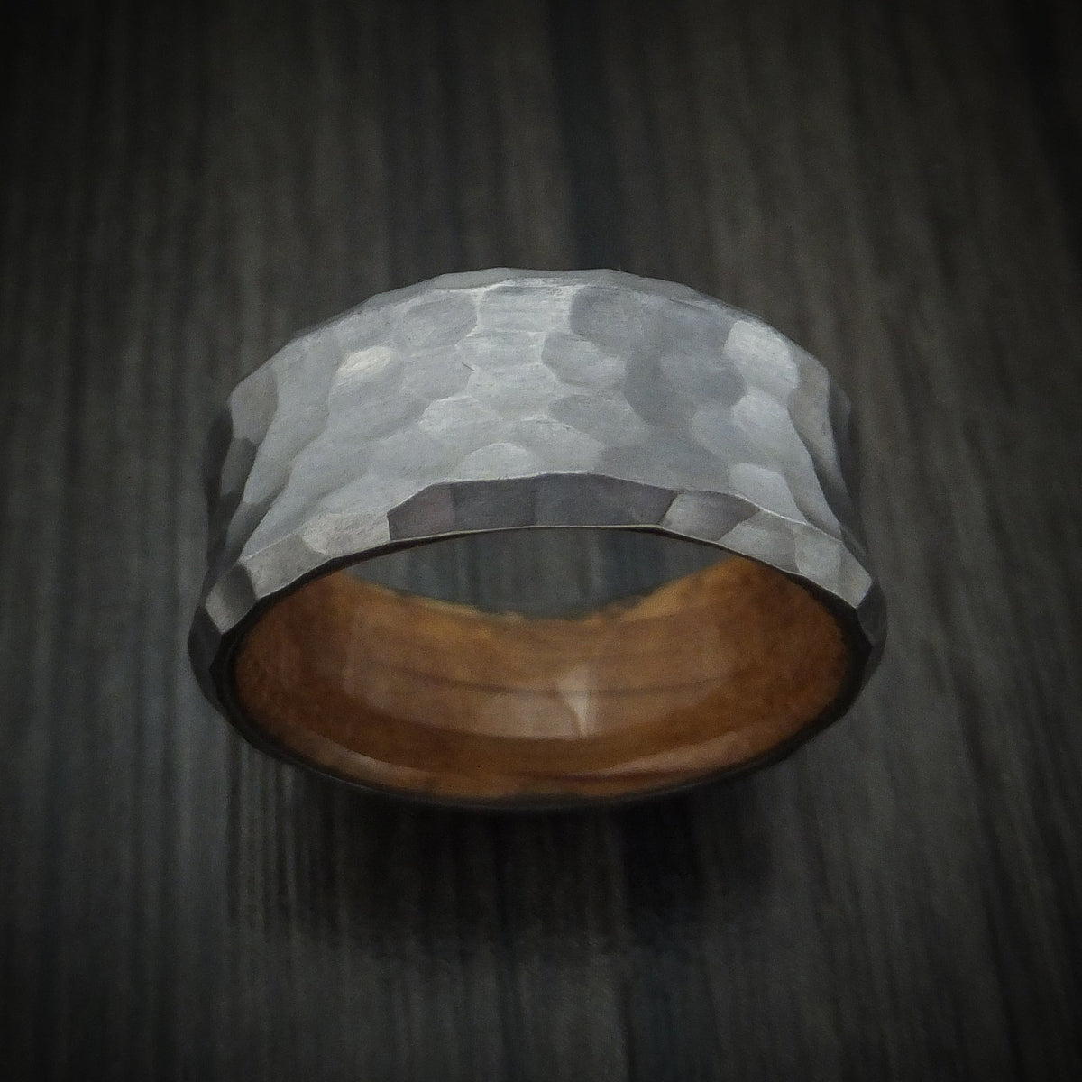 Maverick XII - Hammered Tantalum Concave Men's Wedding Ring with Wood Sleeve - view 2 - Nura Lab