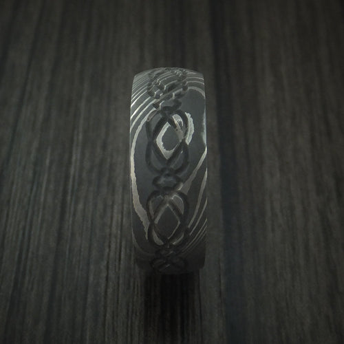 Granite IX - Damascus Steel Celtic Knot Men's Wedding Ring Infinity Design with Hardwood Sleeve - view 3 - Nura Lab