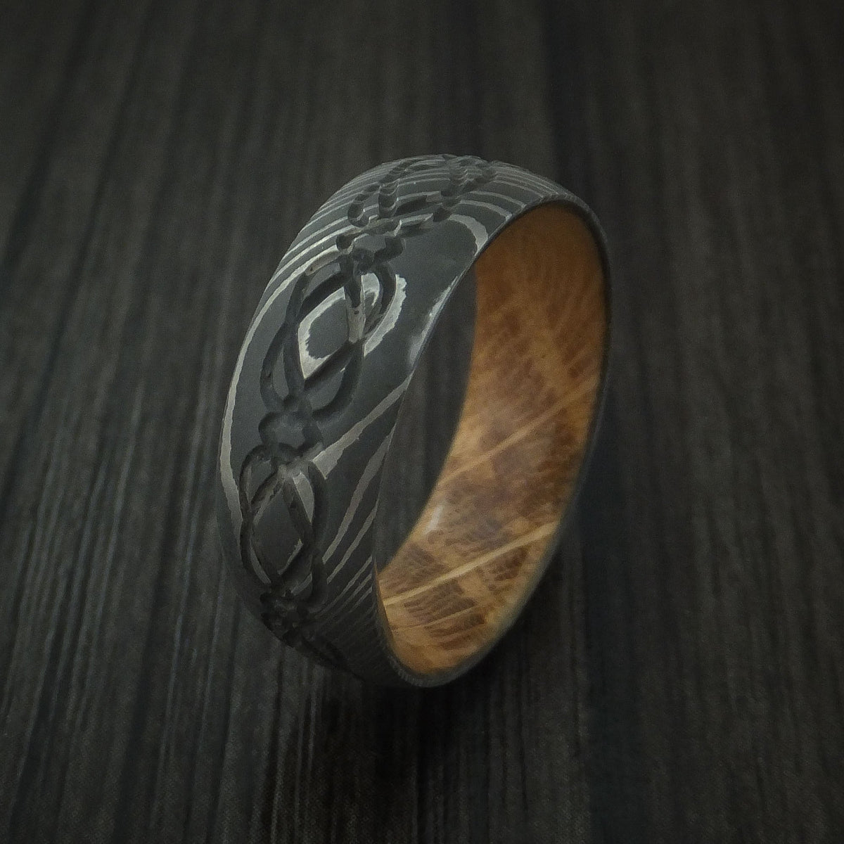 Granite IX - Damascus Steel Celtic Knot Men's Wedding Ring Infinity Design with Hardwood Sleeve - view 4 - Nura Lab