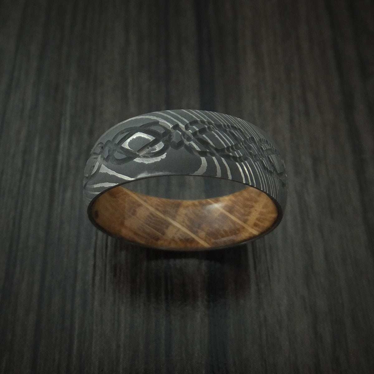 Granite IX - Damascus Steel Celtic Knot Men's Wedding Ring Infinity Design with Hardwood Sleeve - view 2 - Nura Lab