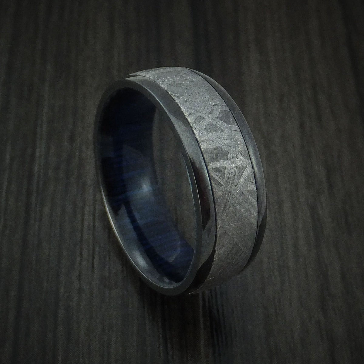 King Arthur XII - Black Zirconium Men's Wedding Ring with Gibeon Meteorite and Hardwood Sleeve Band - Nura Lab