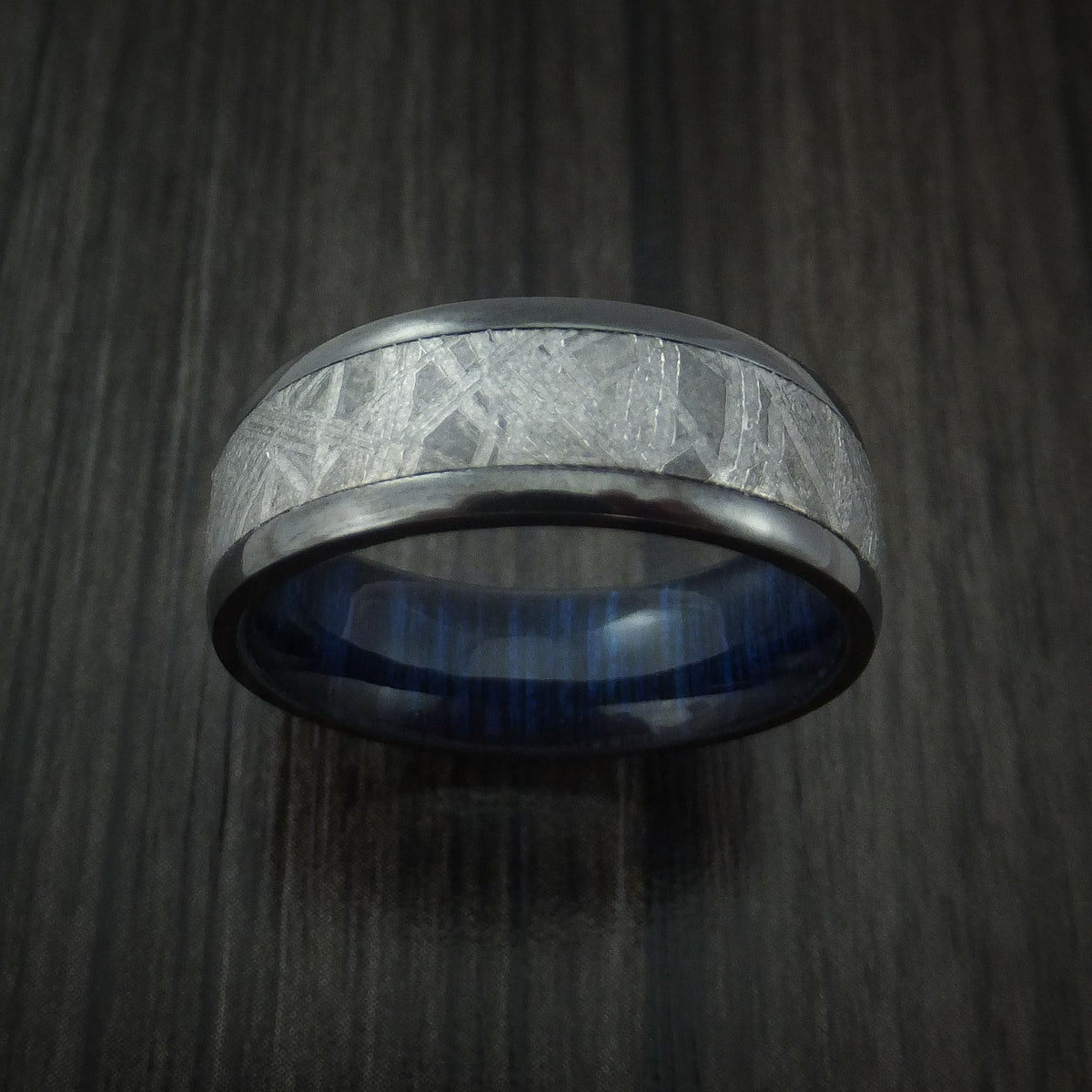 King Arthur XII - Black Zirconium Men's Wedding Ring with Gibeon Meteorite and Hardwood Sleeve Band - view 2 - Nura Lab