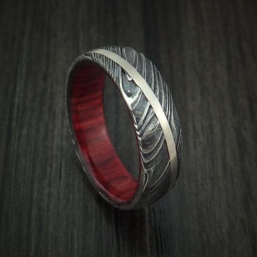 Maverick X - Woodgrain Kuro Damascus Steel Diagonal 14K White Gold Men's Ring Wedding Ring Wood Sleeve - Nura Lab