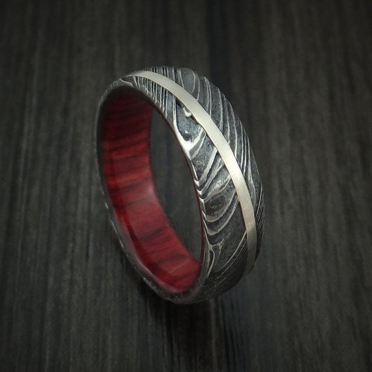 Maverick X - Woodgrain Kuro Damascus Steel Diagonal 14K White Gold Men's Ring Wedding Ring Wood Sleeve - Nura Lab
