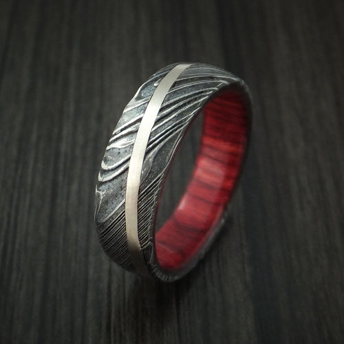 Maverick X - Woodgrain Kuro Damascus Steel Diagonal 14K White Gold Men's Ring Wedding Ring Wood Sleeve - view 4 - Nura Lab