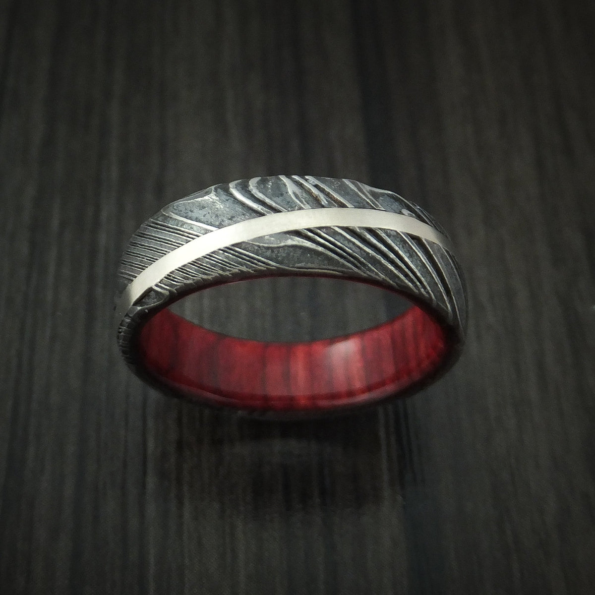 Maverick X - Woodgrain Kuro Damascus Steel Diagonal 14K White Gold Men's Ring Wedding Ring Wood Sleeve - view 2 - Nura Lab