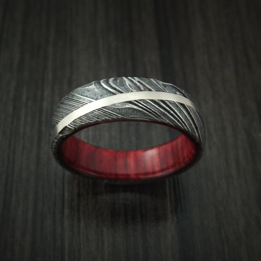 Maverick X - Woodgrain Kuro Damascus Steel Diagonal 14K White Gold Men's Ring Wedding Ring Wood Sleeve - view 2 - Nura Lab
