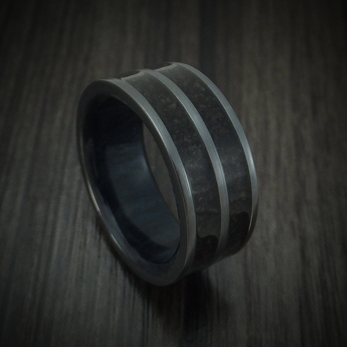 Southern Cross XII - Black Zirconium Dinosaur Bone Men's Wedding Ring with Hardwood Sleeve - Nura Lab