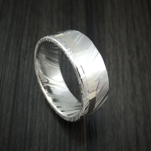 Augustus XI - Woodgrain Kuro Damascus Steel 14K White Gold Men's Ring Wedding Ring - Nura Lab