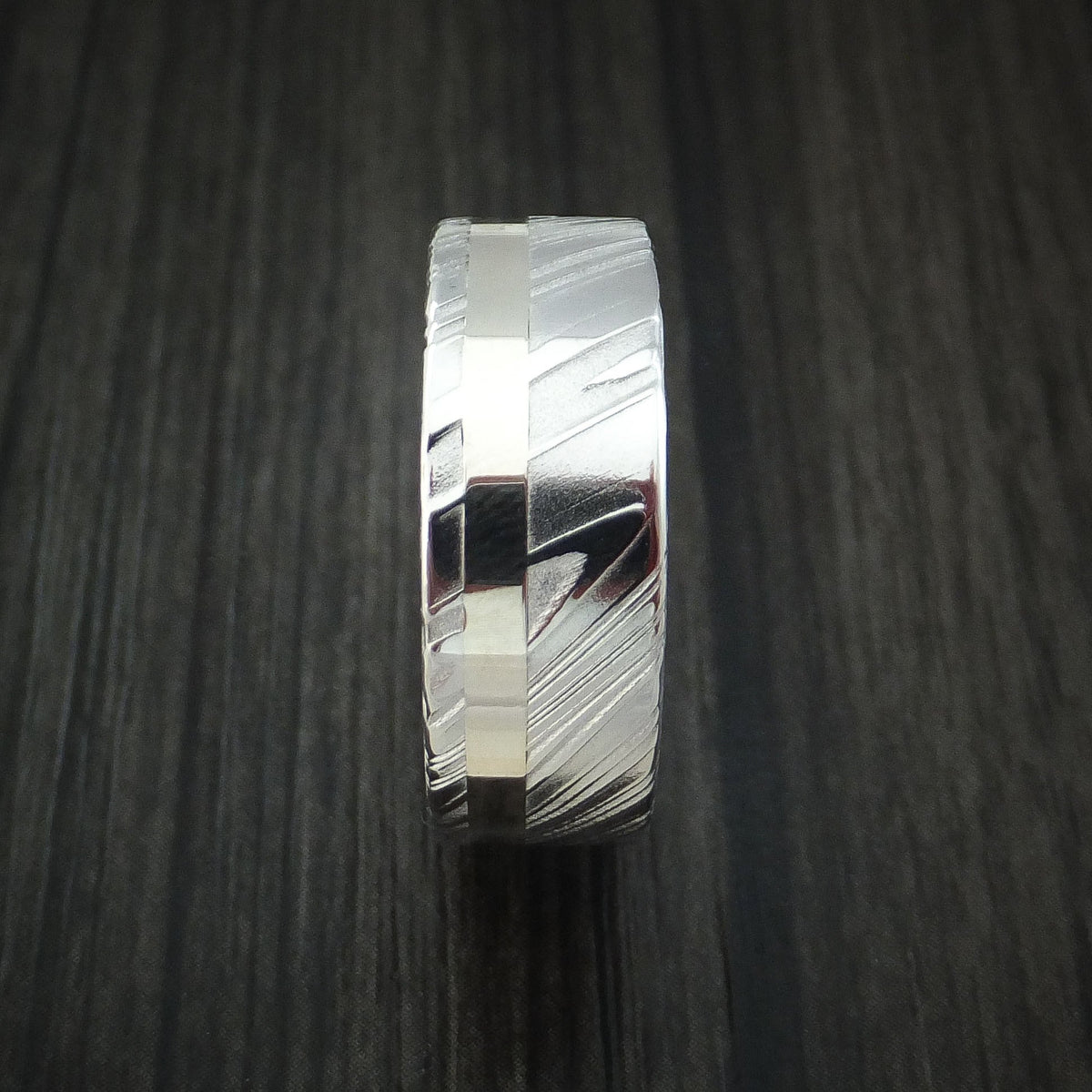 Augustus XI - Woodgrain Kuro Damascus Steel 14K White Gold Men's Ring Wedding Ring - view 3 - Nura Lab