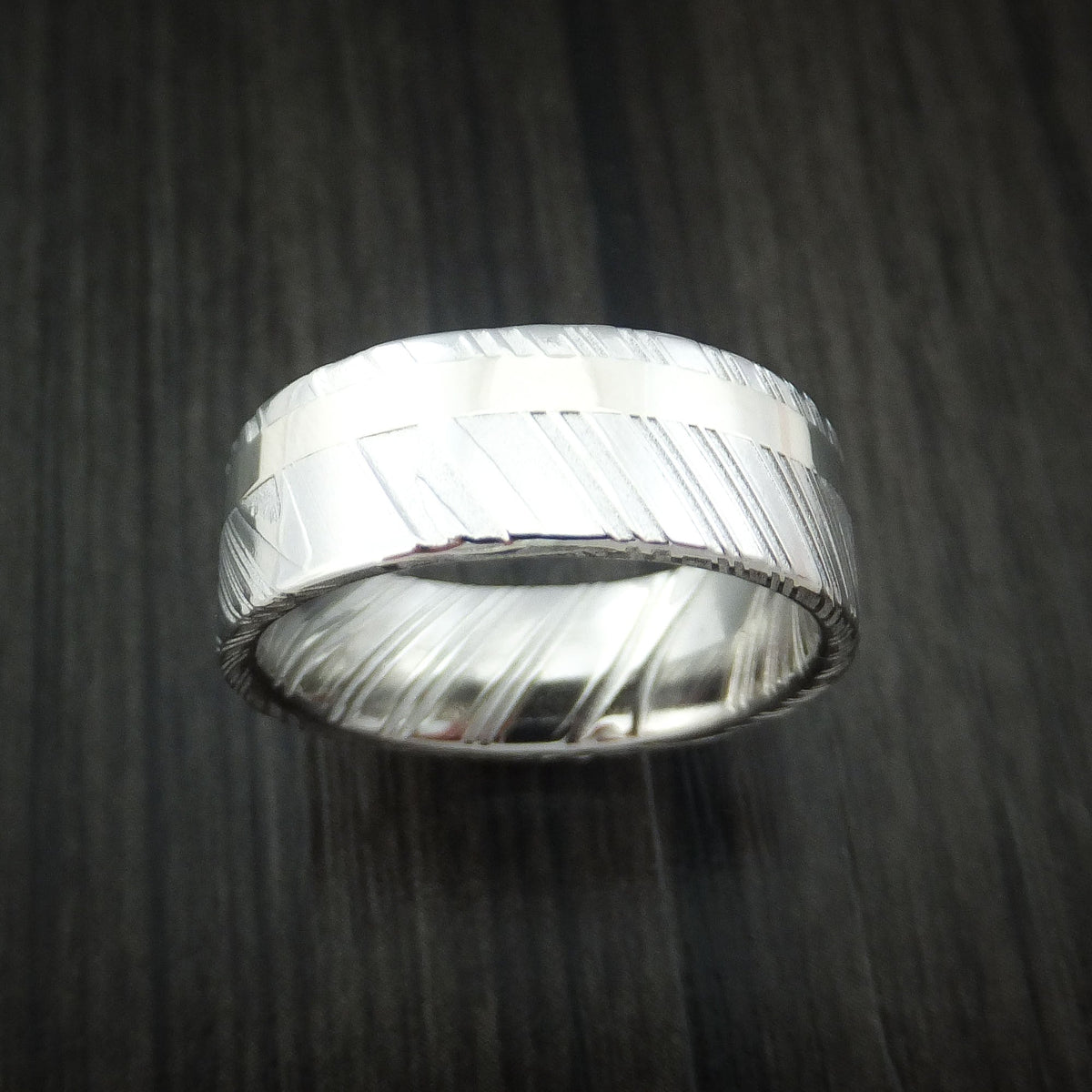 Augustus XI - Woodgrain Kuro Damascus Steel 14K White Gold Men's Ring Wedding Ring - view 2 - Nura Lab