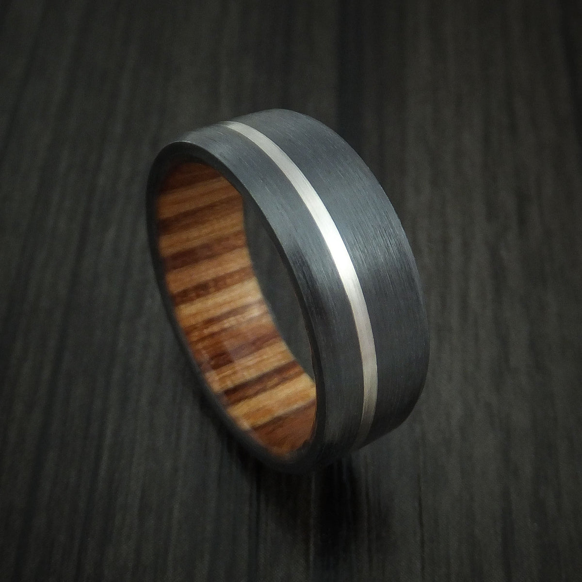 Stonehaven VII - Black Titanium or Black Zirconium Custom Men's Wedding Ring with Platinum Inlay and Hardwood Sleeve - Nura Lab
