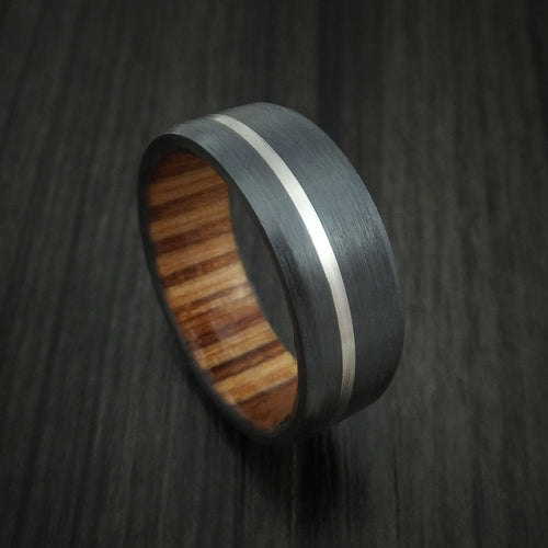 Stonehaven VII - Black Titanium or Black Zirconium Custom Men's Wedding Ring with Platinum Inlay and Hardwood Sleeve - Nura Lab