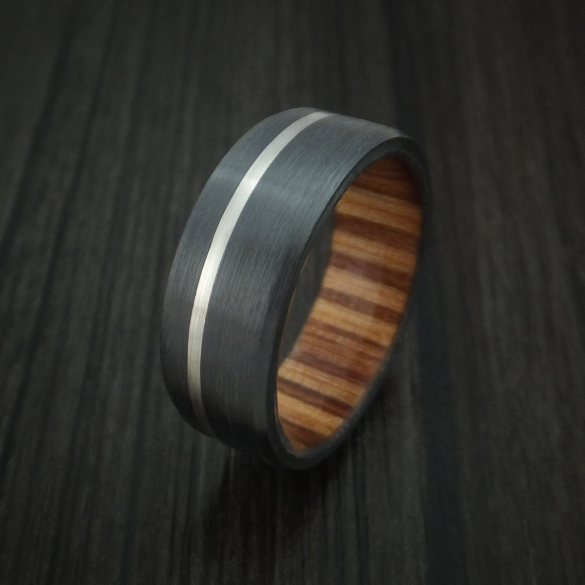Stonehaven VII - Black Titanium or Black Zirconium Custom Men's Wedding Ring with Platinum Inlay and Hardwood Sleeve - view 4 - Nura Lab
