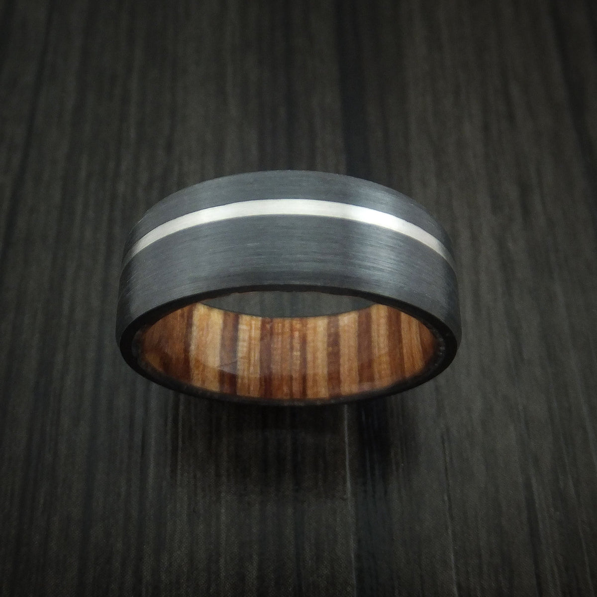 Stonehaven VII - Black Titanium or Black Zirconium Custom Men's Wedding Ring with Platinum Inlay and Hardwood Sleeve - view 2 - Nura Lab