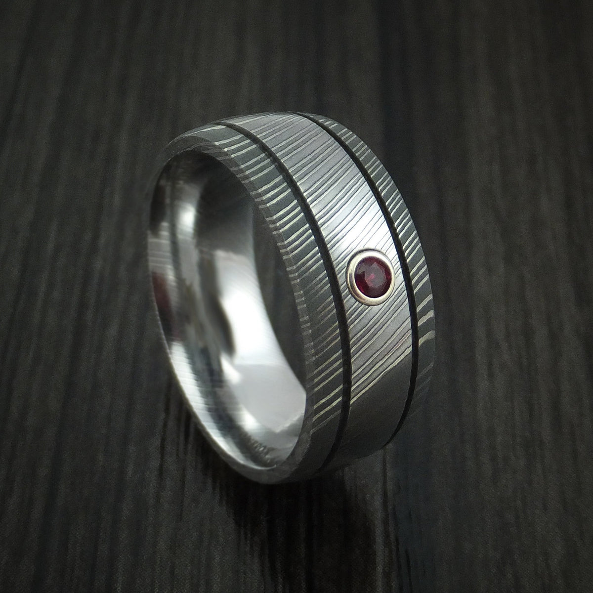 Caesar XI - Damascus Steel Men's Wedding Ring with Bezel Set Ruby Band - Nura Lab