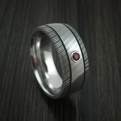 Caesar XI - Damascus Steel Men's Wedding Ring with Bezel Set Ruby Band - Nura Lab