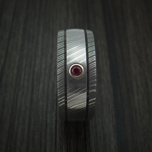 Caesar XI - Damascus Steel Men's Wedding Ring with Bezel Set Ruby Band - view 3 - Nura Lab