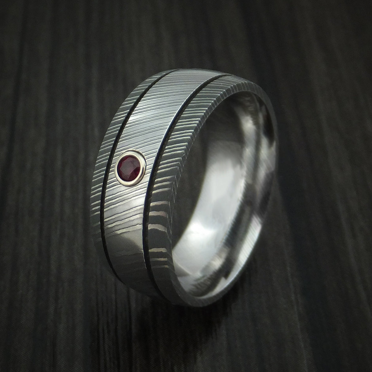 Caesar XI - Damascus Steel Men's Wedding Ring with Bezel Set Ruby Band - view 4 - Nura Lab