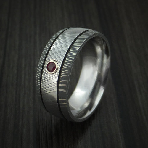 Caesar XI - Damascus Steel Men's Wedding Ring with Bezel Set Ruby Band - view 4 - Nura Lab