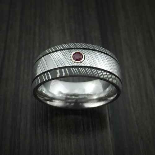 Caesar XI - Damascus Steel Men's Wedding Ring with Bezel Set Ruby Band - view 2 - Nura Lab