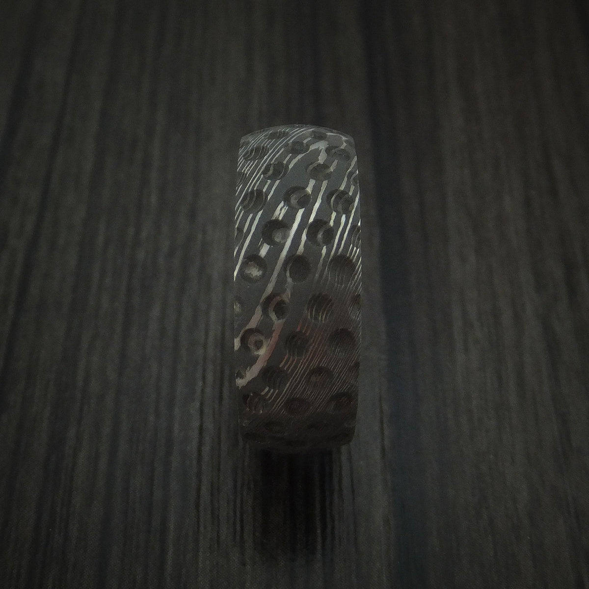 Valor X - Damascus Steel Golf Ball Dimpled Men's Wedding Ring with Wood Sleeve - view 3 - Nura Lab