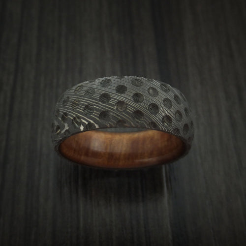 Valor X - Damascus Steel Golf Ball Dimpled Men's Wedding Ring with Wood Sleeve - view 2 - Nura Lab