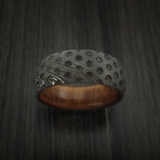 Valor X - Damascus Steel Golf Ball Dimpled Men's Wedding Ring with Wood Sleeve - view 2 - Nura Lab