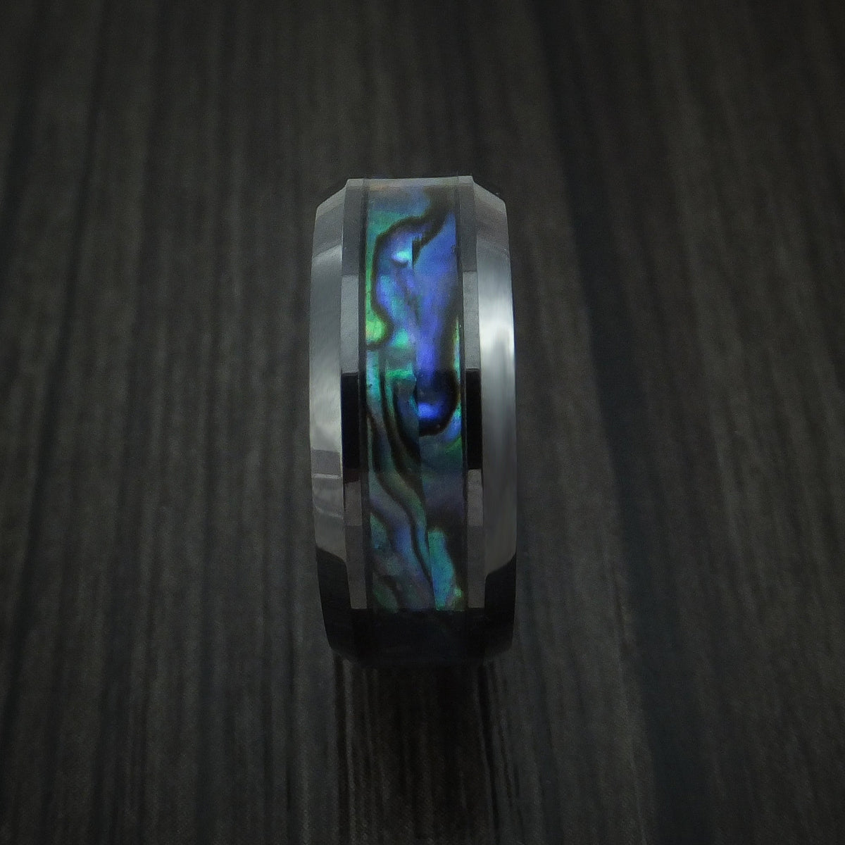 Nomad XVII - Black Ceramic and Abalone Men's Wedding Ring Band - view 3 - Nura Lab