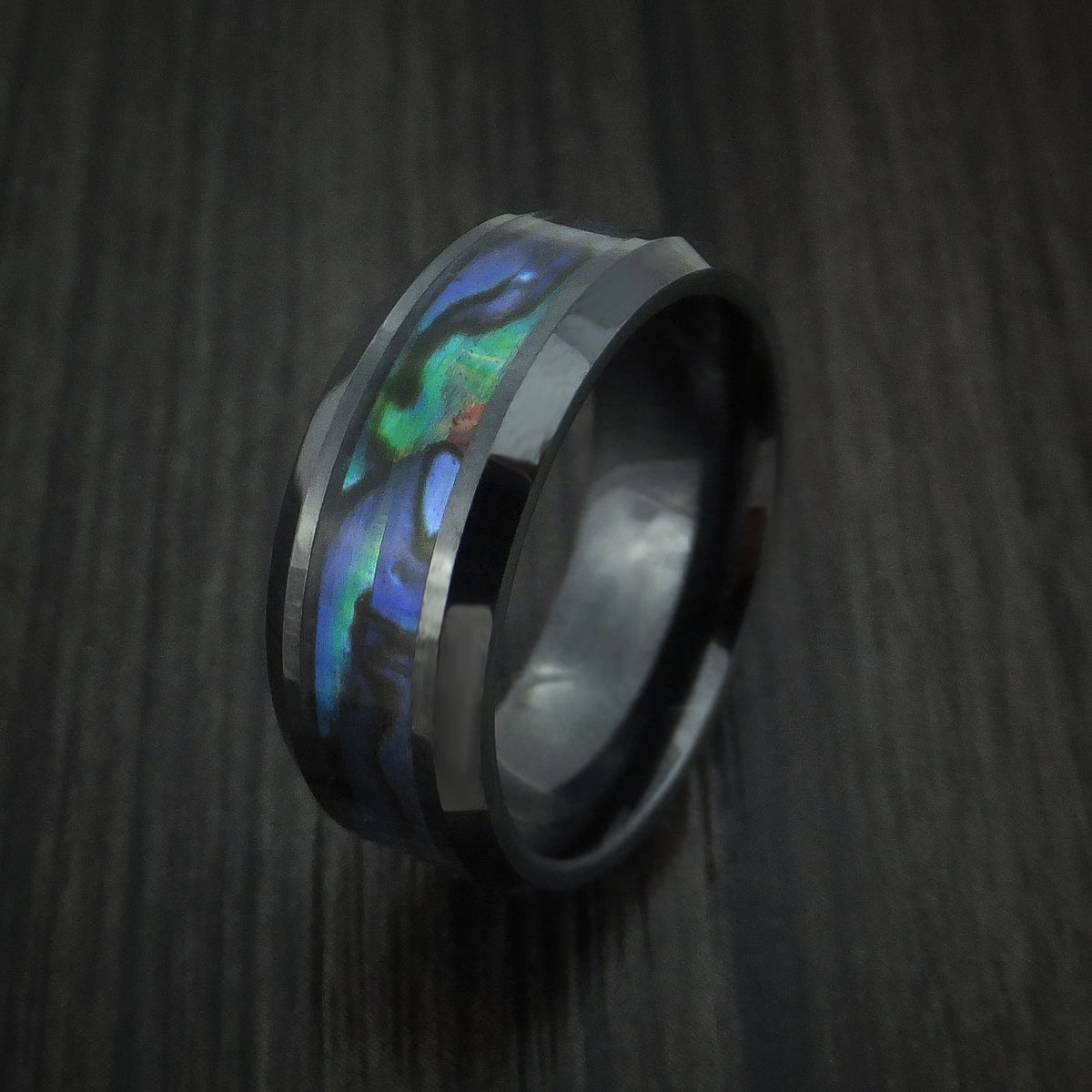 Nomad XVII - Black Ceramic and Abalone Men's Wedding Ring Band - view 4 - Nura Lab