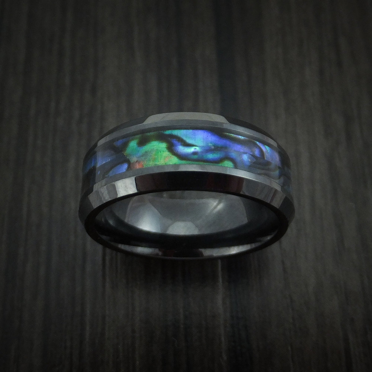 Nomad XVII - Black Ceramic and Abalone Men's Wedding Ring Band - view 2 - Nura Lab