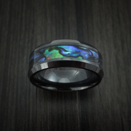 Nomad XVII - Black Ceramic and Abalone Men's Wedding Ring Band - view 2 - Nura Lab