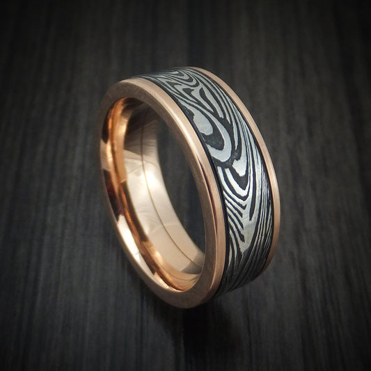 Aoraki X - Rose Gold and Sunset Kuro Damascus Steel Men's Wedding Ring - Nura Lab