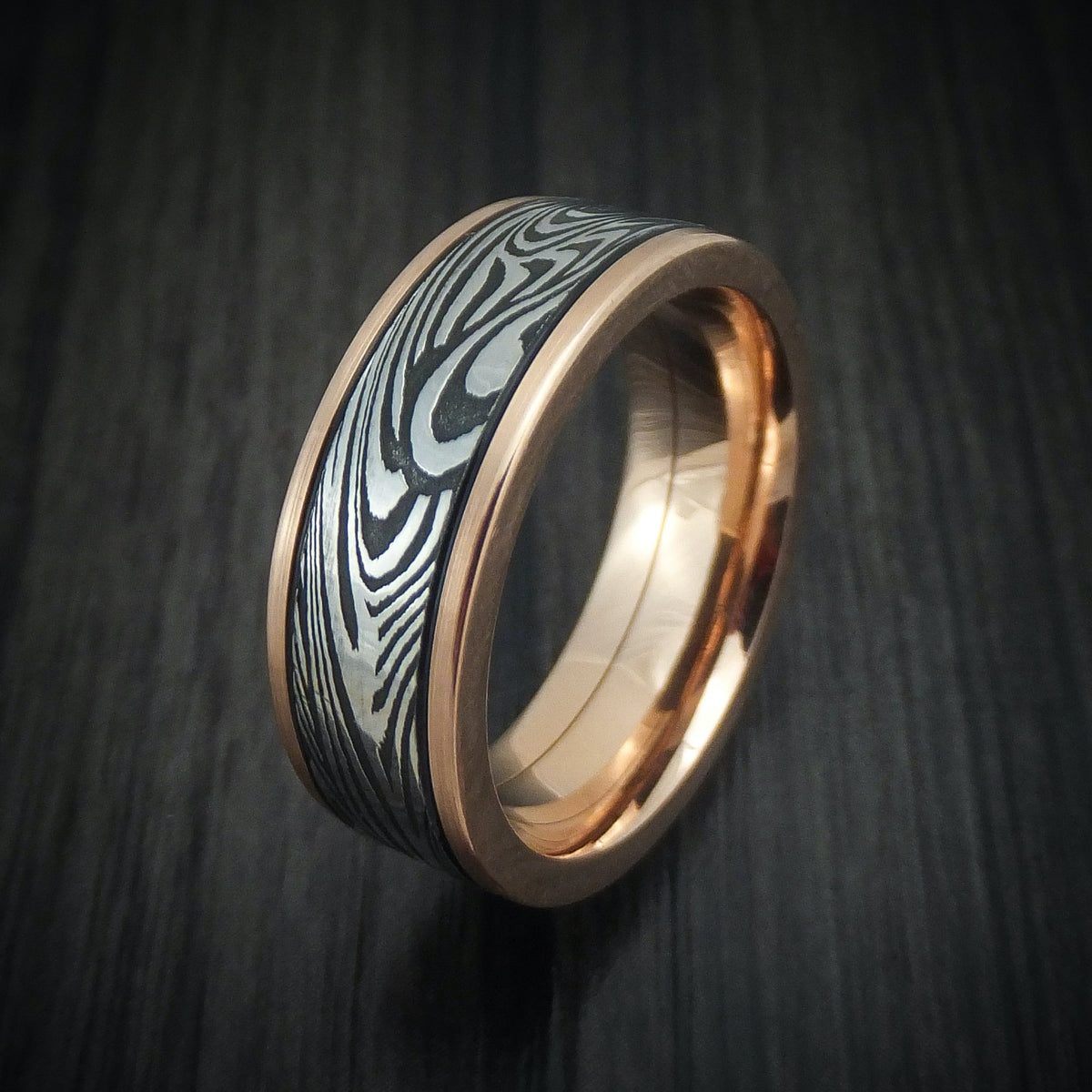 Aoraki X - Rose Gold and Sunset Kuro Damascus Steel Men's Wedding Ring - view 4 - Nura Lab