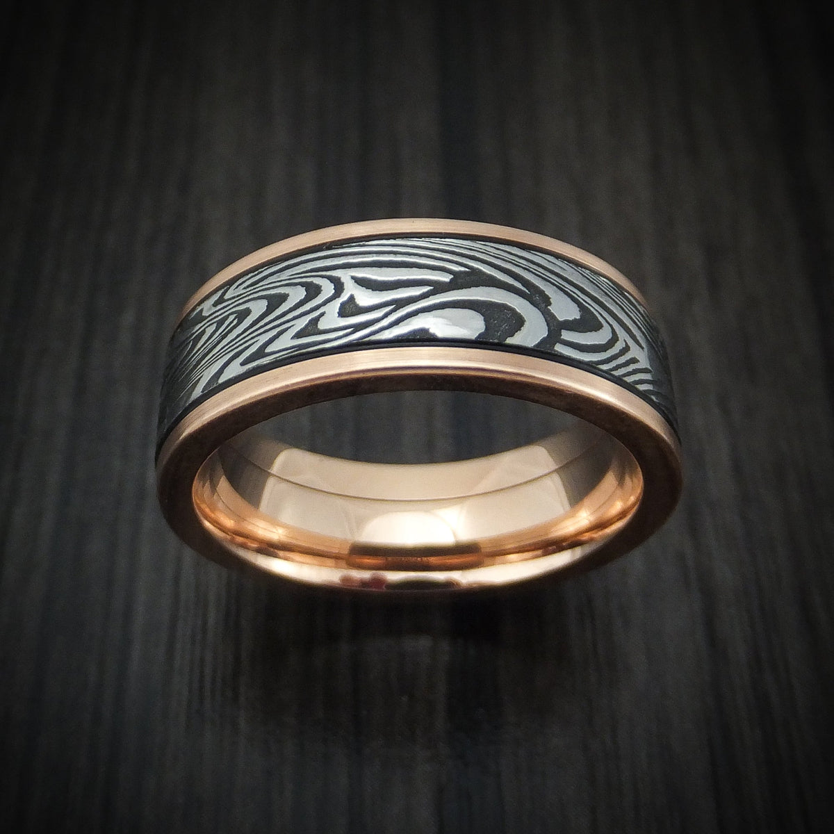 Aoraki X - Rose Gold and Sunset Kuro Damascus Steel Men's Wedding Ring - view 2 - Nura Lab