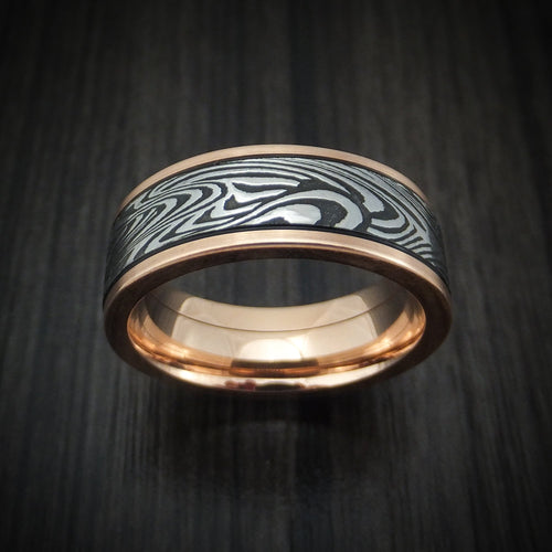 Aoraki X - Rose Gold and Sunset Kuro Damascus Steel Men's Wedding Ring - view 2 - Nura Lab
