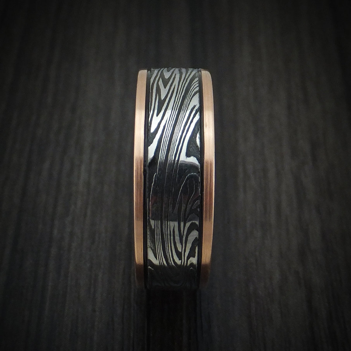 Aoraki X - Rose Gold and Sunset Kuro Damascus Steel Men's Wedding Ring - view 3 - Nura Lab