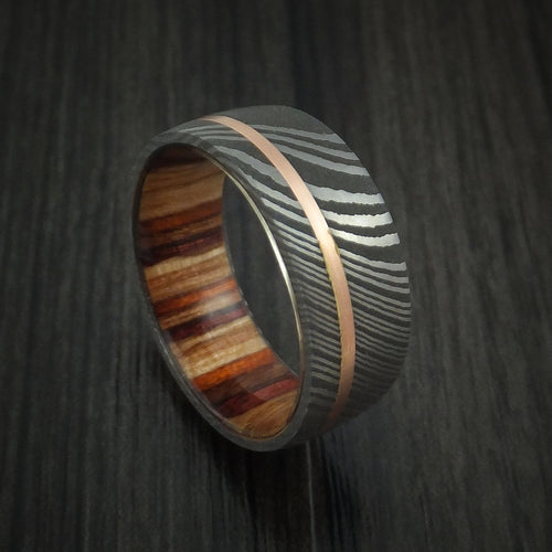 Onyx IX - Damascus Steel and 14k Rose Gold Men's Wedding Ring with Hazelnut Hardwood Sleeve Band - Nura Lab