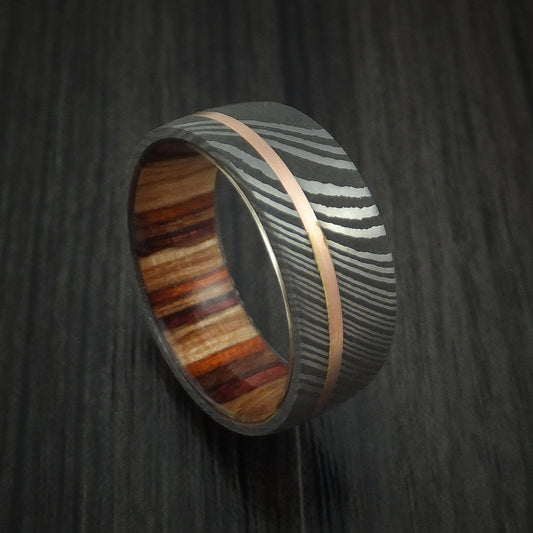 Onyx IX - Damascus Steel and 14k Rose Gold Men's Wedding Ring with Hazelnut Hardwood Sleeve Band - Nura Lab