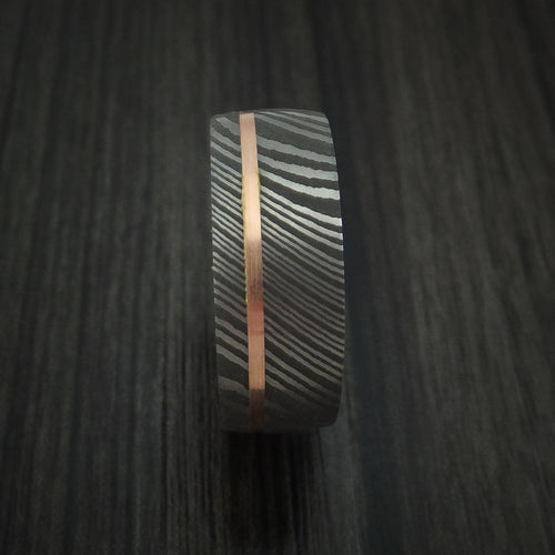 Onyx IX - Damascus Steel and 14k Rose Gold Men's Wedding Ring with Hazelnut Hardwood Sleeve Band - view 3 - Nura Lab