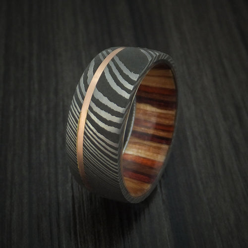 Onyx IX - Damascus Steel and 14k Rose Gold Men's Wedding Ring with Hazelnut Hardwood Sleeve Band - view 4 - Nura Lab