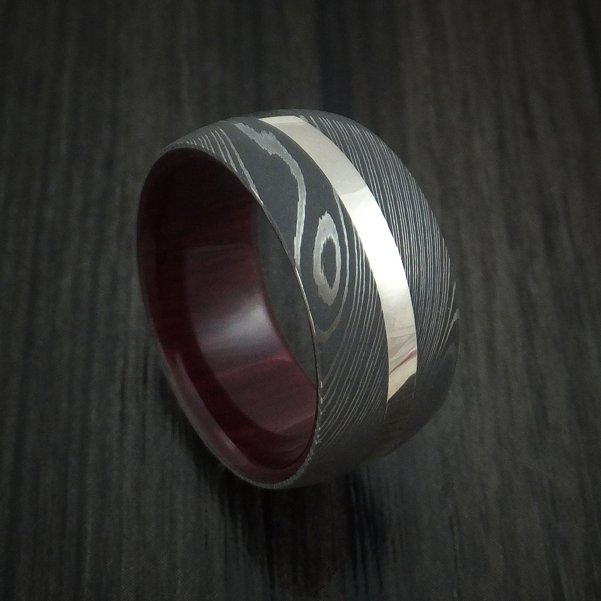 Knight XI - Damascus Steel and 14k White Gold Men's Wedding Ring with Red Heart Hardwood Sleeve Band - Nura Lab