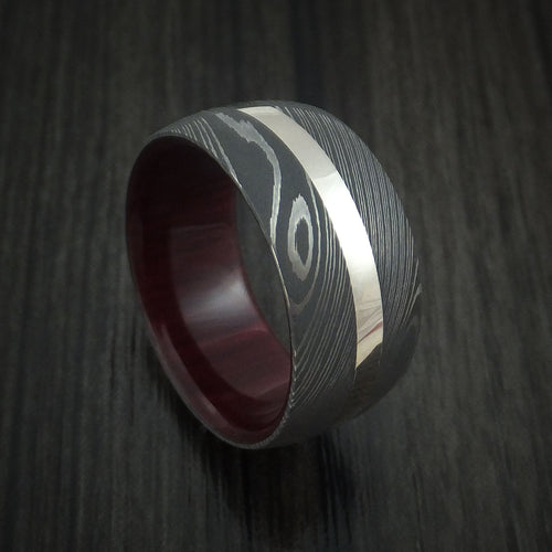 Knight XI - Damascus Steel and 14k White Gold Men's Wedding Ring with Red Heart Hardwood Sleeve Band - Nura Lab